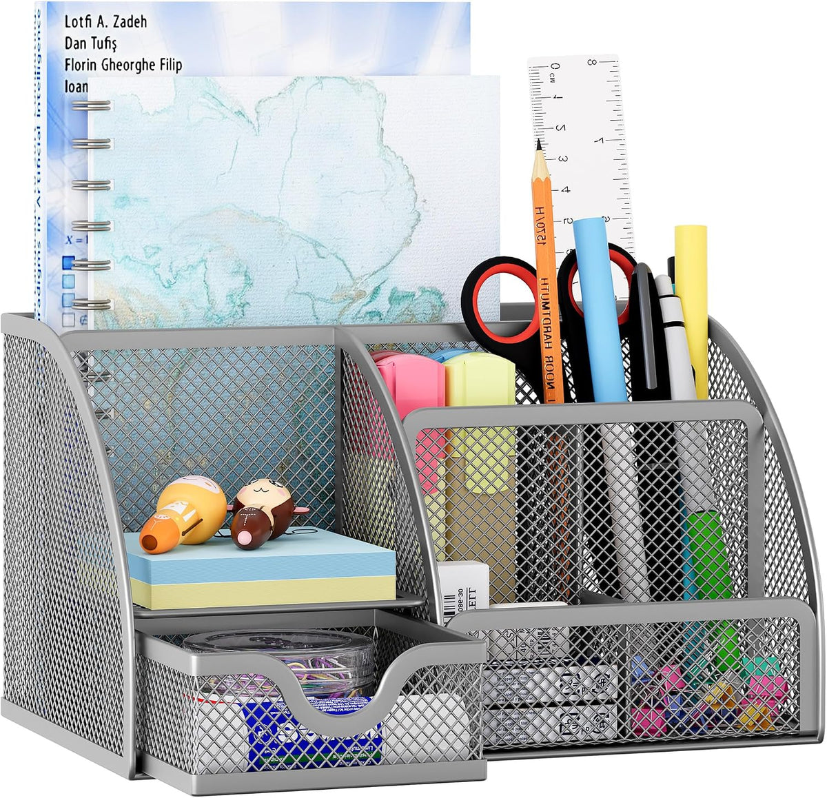Mesh Desk Organizer with Drawer Multi-functional Pen Holder Stationery Organizer for Office School Supplies 6 Compartments Dorm Organizers and Storage for Desk, Black