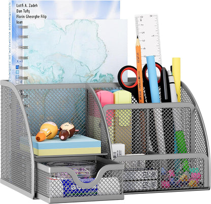 Mesh Desk Organizer with Drawer Multi-functional Pen Holder Stationery Organizer for Office School Supplies 6 Compartments Dorm Organizers and Storage for Desk, Black