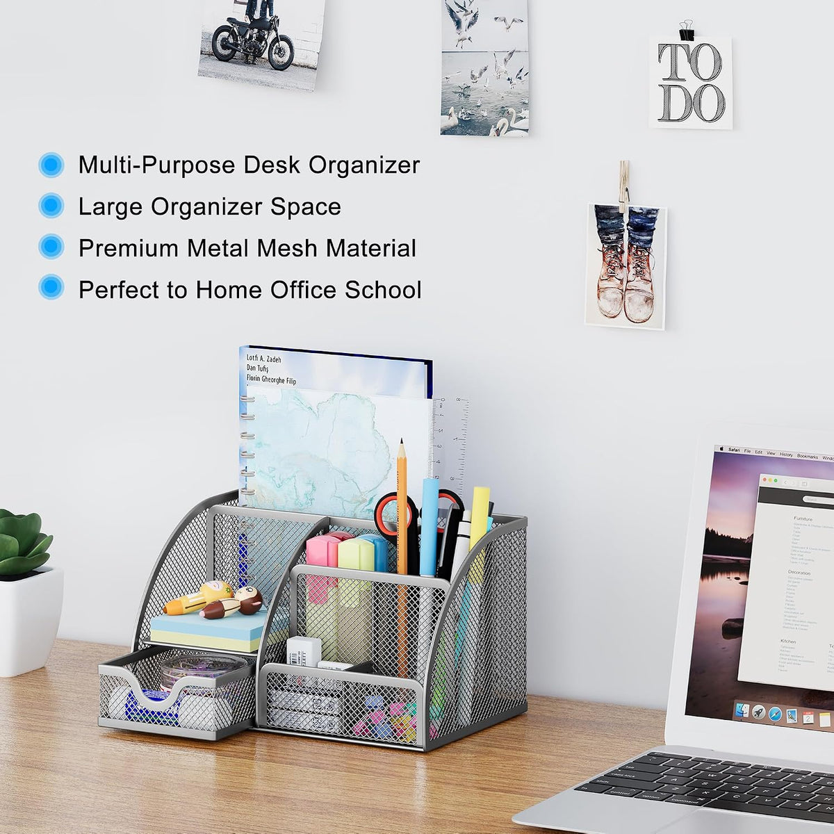 Mesh Desk Organizer with Drawer Multi-functional Pen Holder Stationery Organizer for Office School Supplies 6 Compartments Dorm Organizers and Storage for Desk, Black