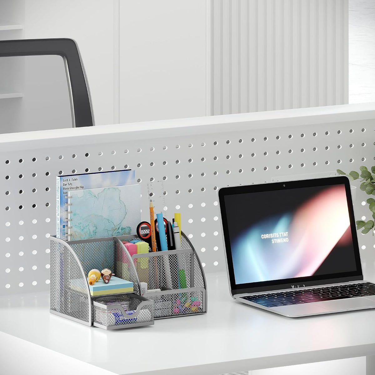 Mesh Desk Organizer with Drawer Multi-functional Pen Holder Stationery Organizer for Office School Supplies 6 Compartments Dorm Organizers and Storage for Desk, Black