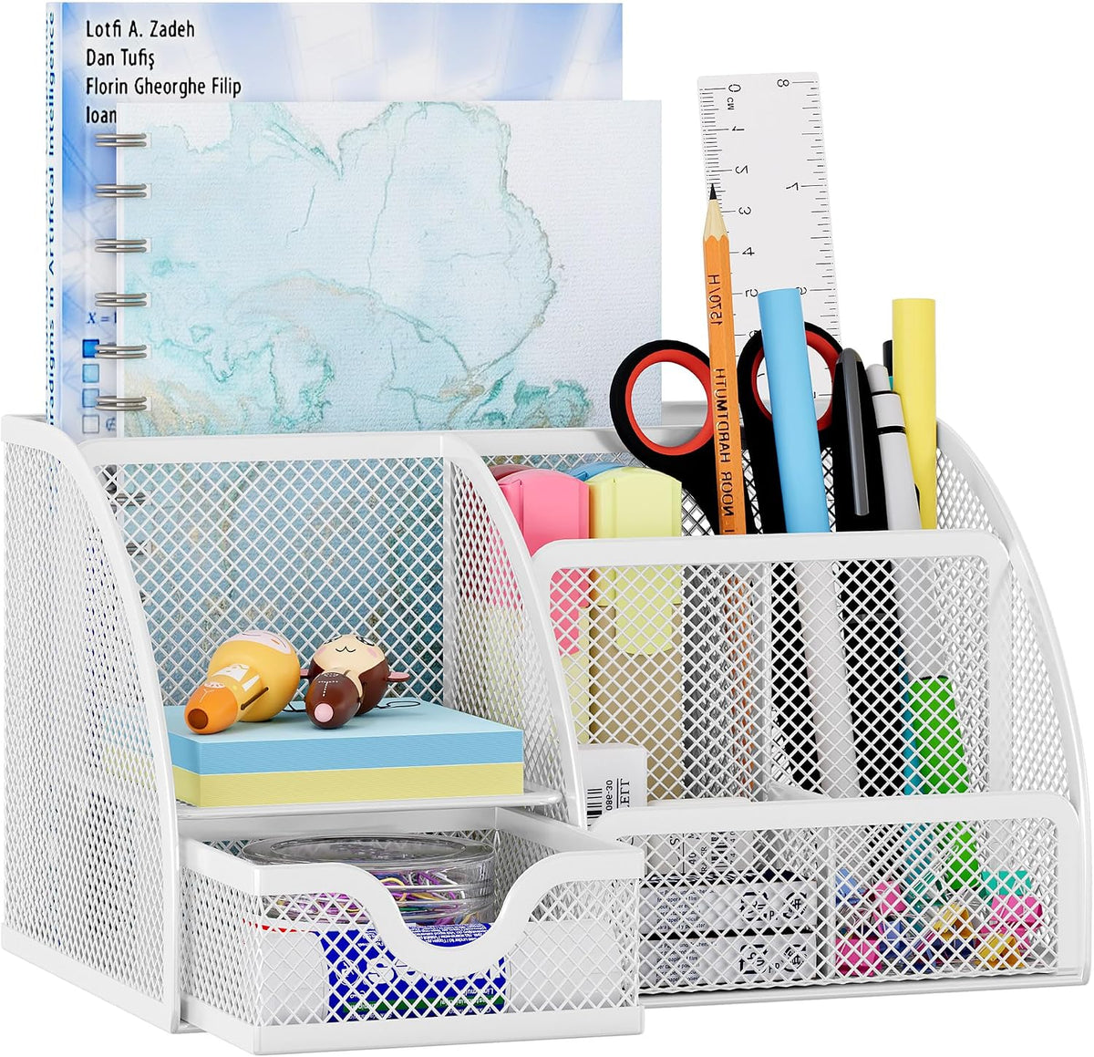 Mesh Desk Organizer with Drawer Multi-functional Pen Holder Stationery Organizer for Office School Supplies 6 Compartments Dorm Organizers and Storage for Desk, Black