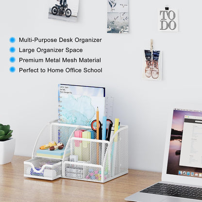 Mesh Desk Organizer with Drawer Multi-functional Pen Holder Stationery Organizer for Office School Supplies 6 Compartments Dorm Organizers and Storage for Desk, Black