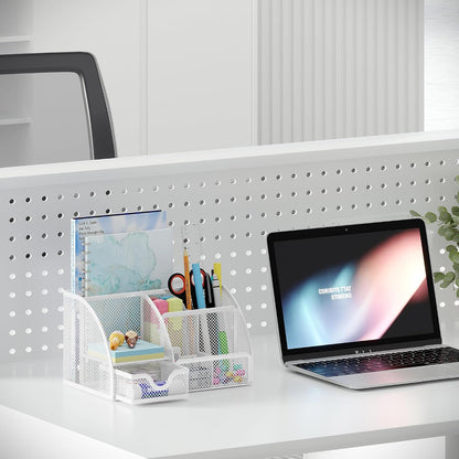 Mesh Desk Organizer with Drawer Multi-functional Pen Holder Stationery Organizer for Office School Supplies 6 Compartments Dorm Organizers and Storage for Desk, Black
