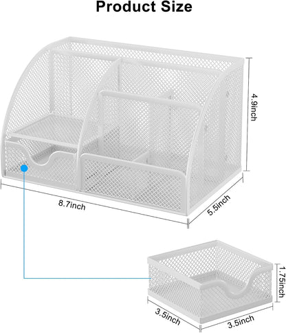 Mesh Desk Organizer with Drawer Multi-functional Pen Holder Stationery Organizer for Office School Supplies 6 Compartments Dorm Organizers and Storage for Desk, Black
