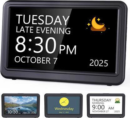 Date Clock, Digital Clock with 12 Themes, 20 Alarms, 20 Reminders, Semi-Automatic Dimming, 12/24 Hours, Auto DST Clock for Seniors Desktop, Office, Students (Black, 7 Inches)