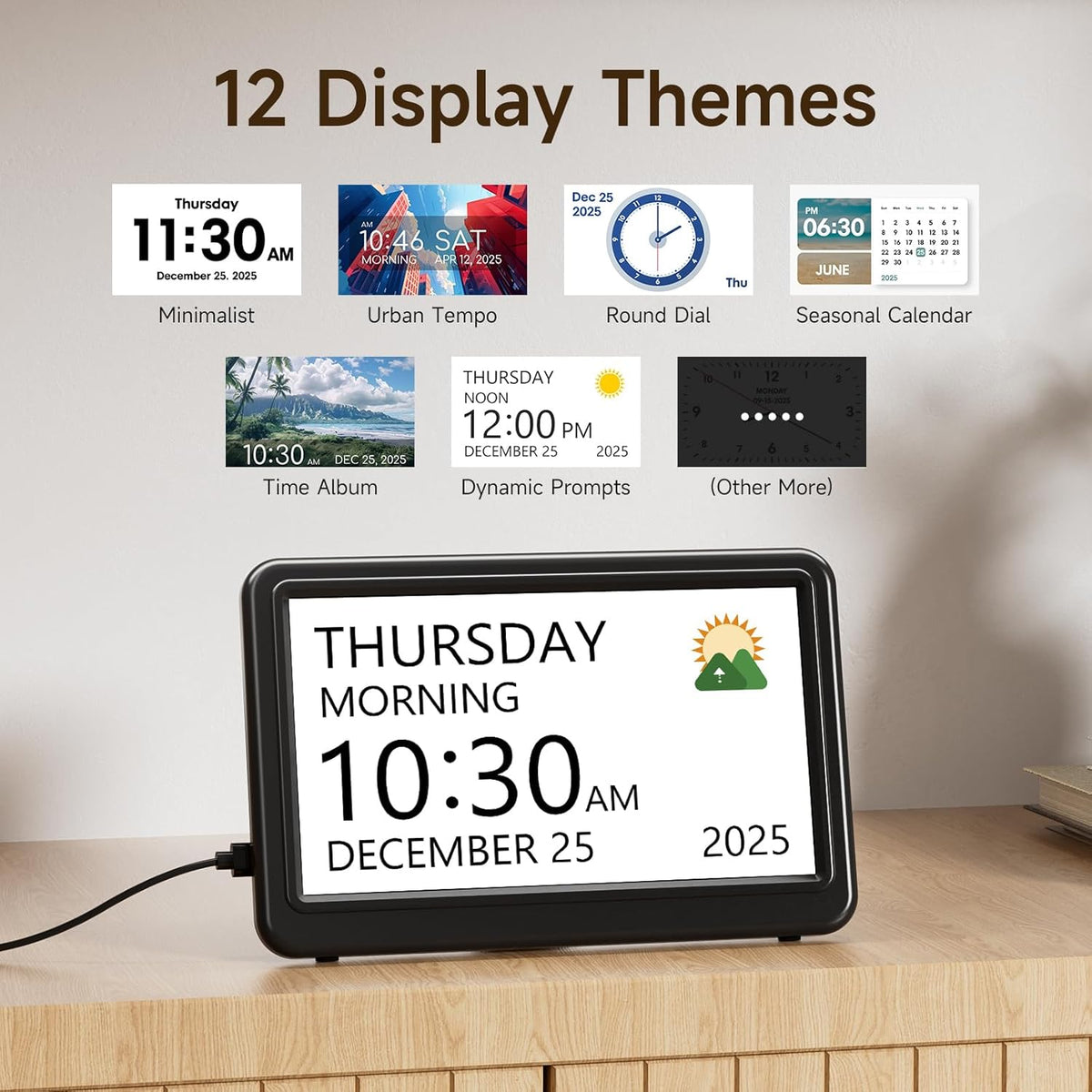 Date Clock, Digital Clock with 12 Themes, 20 Alarms, 20 Reminders, Semi-Automatic Dimming, 12/24 Hours, Auto DST Clock for Seniors Desktop, Office, Students (Black, 7 Inches)