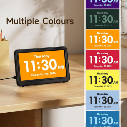 Date Clock, Digital Clock with 12 Themes, 20 Alarms, 20 Reminders, Semi-Automatic Dimming, 12/24 Hours, Auto DST Clock for Seniors Desktop, Office, Students (Black, 7 Inches)