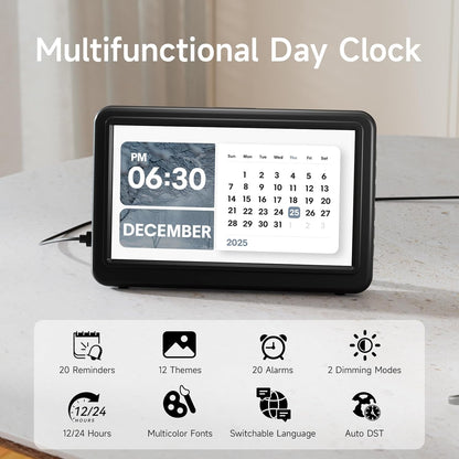 Date Clock, Digital Clock with 12 Themes, 20 Alarms, 20 Reminders, Semi-Automatic Dimming, 12/24 Hours, Auto DST Clock for Seniors Desktop, Office, Students (Black, 7 Inches)