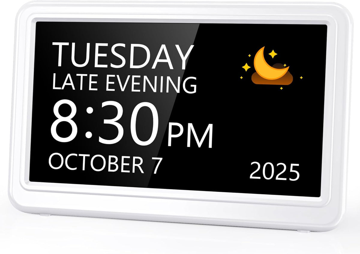 Date Clock, Digital Clock with 12 Themes, 20 Alarms, 20 Reminders, Semi-Automatic Dimming, 12/24 Hours, Auto DST Clock for Seniors Desktop, Office, Students (Black, 7 Inches)