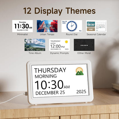 Date Clock, Digital Clock with 12 Themes, 20 Alarms, 20 Reminders, Semi-Automatic Dimming, 12/24 Hours, Auto DST Clock for Seniors Desktop, Office, Students (Black, 7 Inches)