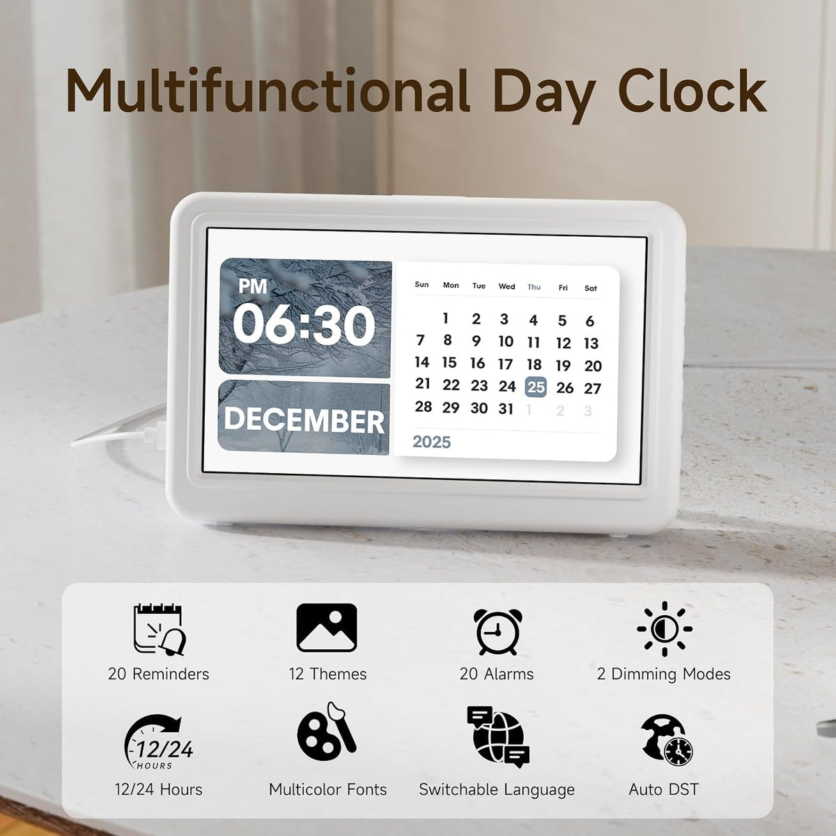 Date Clock, Digital Clock with 12 Themes, 20 Alarms, 20 Reminders, Semi-Automatic Dimming, 12/24 Hours, Auto DST Clock for Seniors Desktop, Office, Students (Black, 7 Inches)