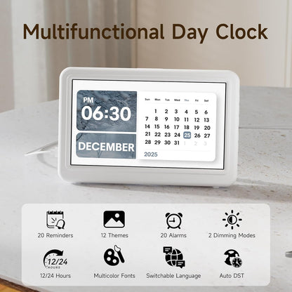 Date Clock, Digital Clock with 12 Themes, 20 Alarms, 20 Reminders, Semi-Automatic Dimming, 12/24 Hours, Auto DST Clock for Seniors Desktop, Office, Students (Black, 7 Inches)