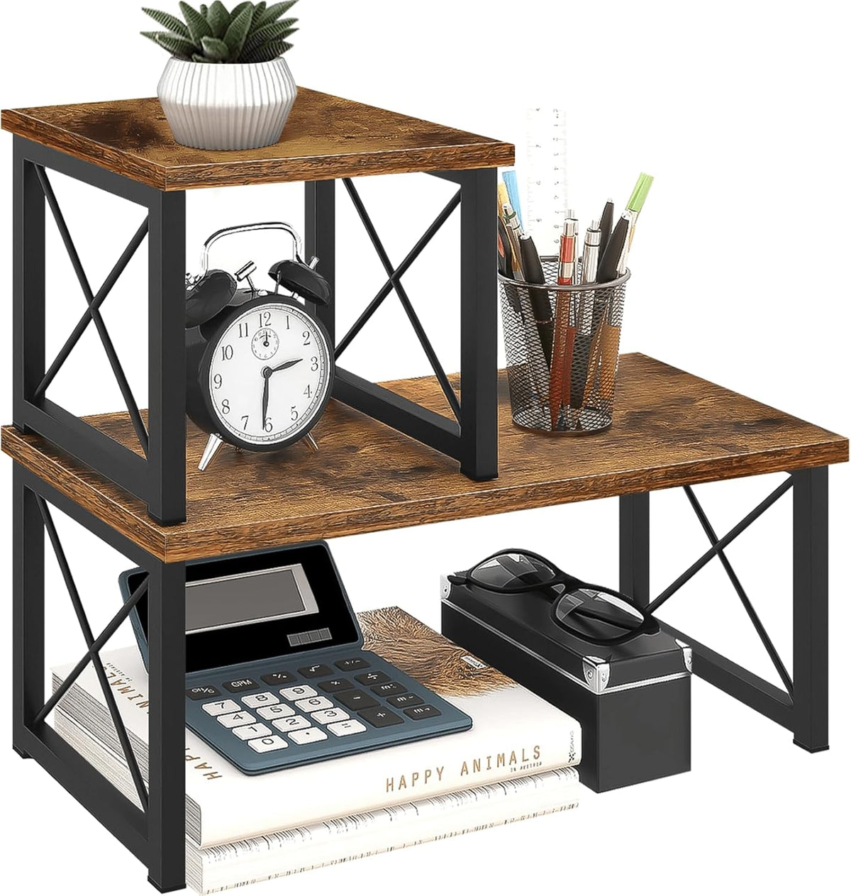 Wood Desktop Shelf, 2 Tier Adjustable Small Bookshelf Organizer