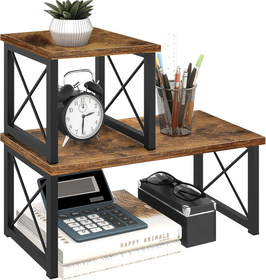 Wood Desktop Shelf, 2 Tier Adjustable Small Bookshelf Organizer