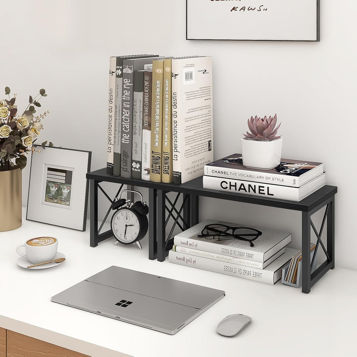 Wood Desktop Shelf, 2 Tier Adjustable Small Bookshelf Organizer