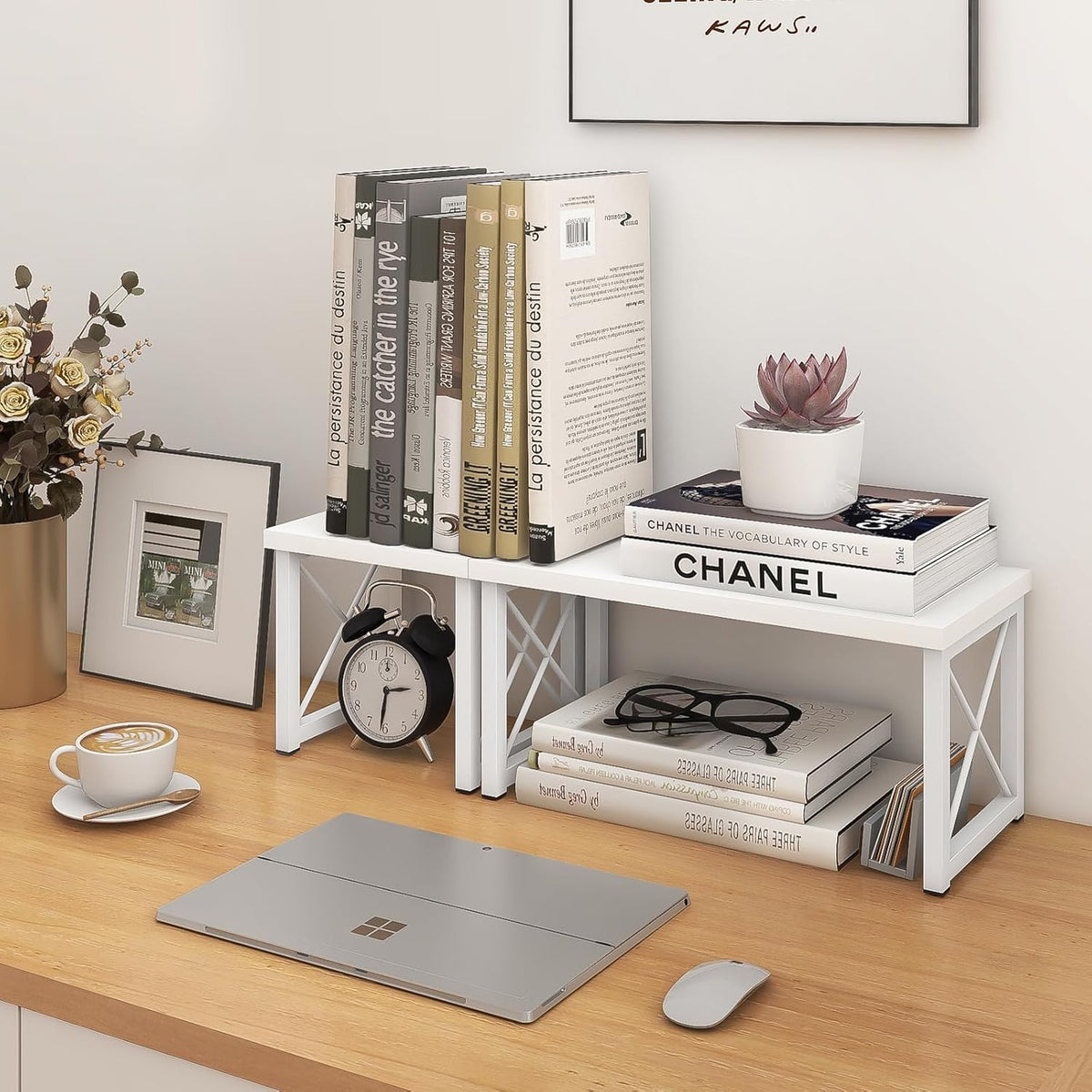 Wood Desktop Shelf, 2 Tier Adjustable Small Bookshelf Organizer