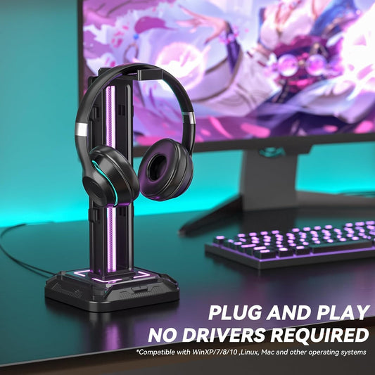 RGB Headset Stand with 9 Light Modes - Controller Holder for Desk - Rotatable Headphone Stand & Detachable Controller Hook for PC Earphone Accessories(Black)