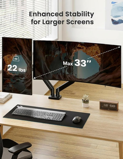 Dual Monitor Stand up to 33 inches Screen, Load-Bearing Max 22 lbs Each Arm, Adjustable Dual Monitor Mount, Sturdy Steel vesa Monitor Mount with Stable VESA 75x75 100x100mm