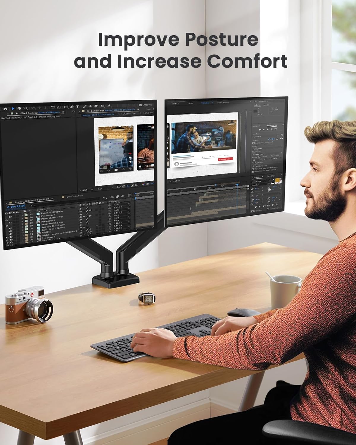 Dual Monitor Stand up to 33 inches Screen, Load-Bearing Max 22 lbs Each Arm, Adjustable Dual Monitor Mount, Sturdy Steel vesa Monitor Mount with Stable VESA 75x75 100x100mm
