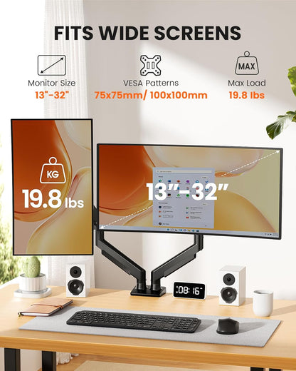 Dual Monitor Stand up to 33 inches Screen, Load-Bearing Max 22 lbs Each Arm, Adjustable Dual Monitor Mount, Sturdy Steel vesa Monitor Mount with Stable VESA 75x75 100x100mm
