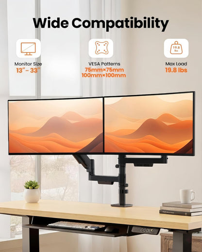 Dual Monitor Stand up to 33 inches Screen, Load-Bearing Max 22 lbs Each Arm, Adjustable Dual Monitor Mount, Sturdy Steel vesa Monitor Mount with Stable VESA 75x75 100x100mm