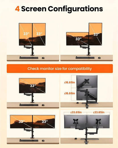 Dual Monitor Stand up to 33 inches Screen, Load-Bearing Max 22 lbs Each Arm, Adjustable Dual Monitor Mount, Sturdy Steel vesa Monitor Mount with Stable VESA 75x75 100x100mm