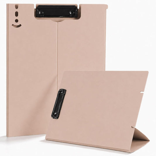 Free Standing Clipboard Foldable and Desktop Document Stand with Adjustable Buckles Metal Clip A4 File Folder Writing Board and Document Holder for School Classroom Office Business Use (Pink)
