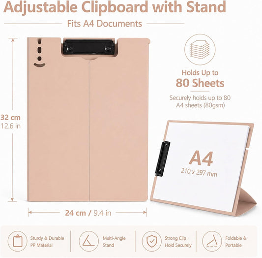 Free Standing Clipboard Foldable and Desktop Document Stand with Adjustable Buckles Metal Clip A4 File Folder Writing Board and Document Holder for School Classroom Office Business Use (Pink)