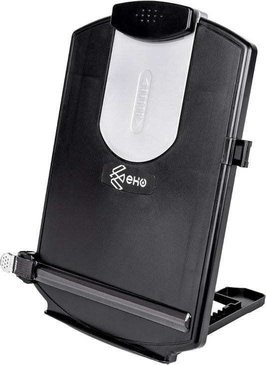 EHO Adjustable Document Holder Bottom with 5mm Shelf Lip, Portable Paper Stand for Reading, Typing, with Clip, Line Guide, Easel Back, for Office, Desktop, Recipes, Music Sheets, paper and more, Black