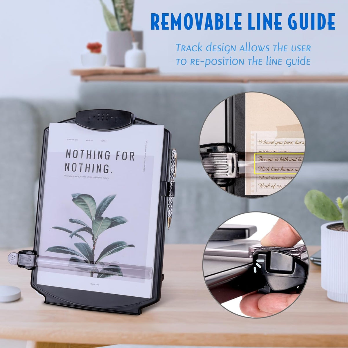 EHO Adjustable Document Holder Bottom with 5mm Shelf Lip, Portable Paper Stand for Reading, Typing, with Clip, Line Guide, Easel Back, for Office, Desktop, Recipes, Music Sheets, paper and more, Black