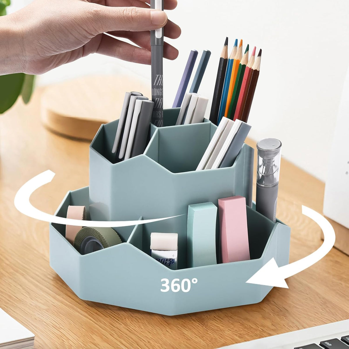 Pencil Pen Holder for Desk, 9 Slots 360 Degree Rotating Desk Organizer, Cute Pen Organizers Stationery Supplies for Office Home & Art Supply (Black)