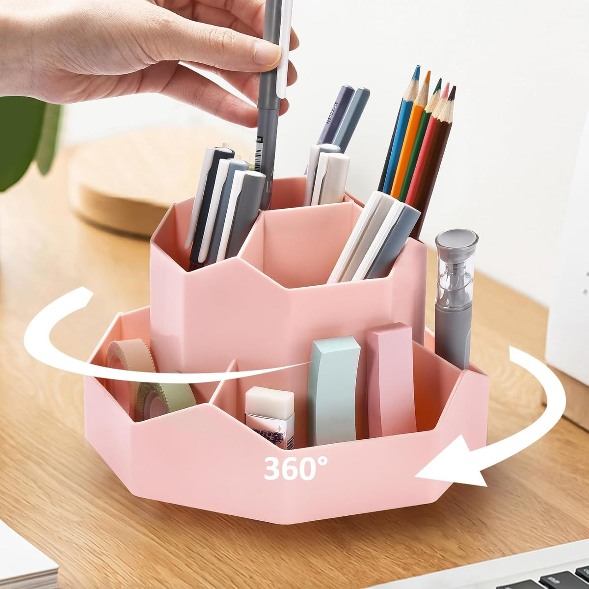 Pencil Pen Holder for Desk, 9 Slots 360 Degree Rotating Desk Organizer, Cute Pen Organizers Stationery Supplies for Office Home & Art Supply (Black)
