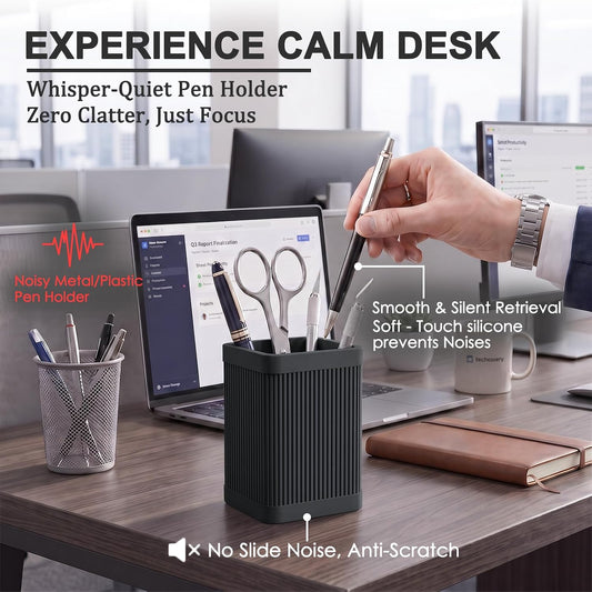 Aesthetic Pen Holder For Desk, Modern Silicone Pencil Holder, Stylish Office Desk Decor, Made of 5 mm Thickened Premium Silicone, Office Desk Organizer And Accessories (Black)