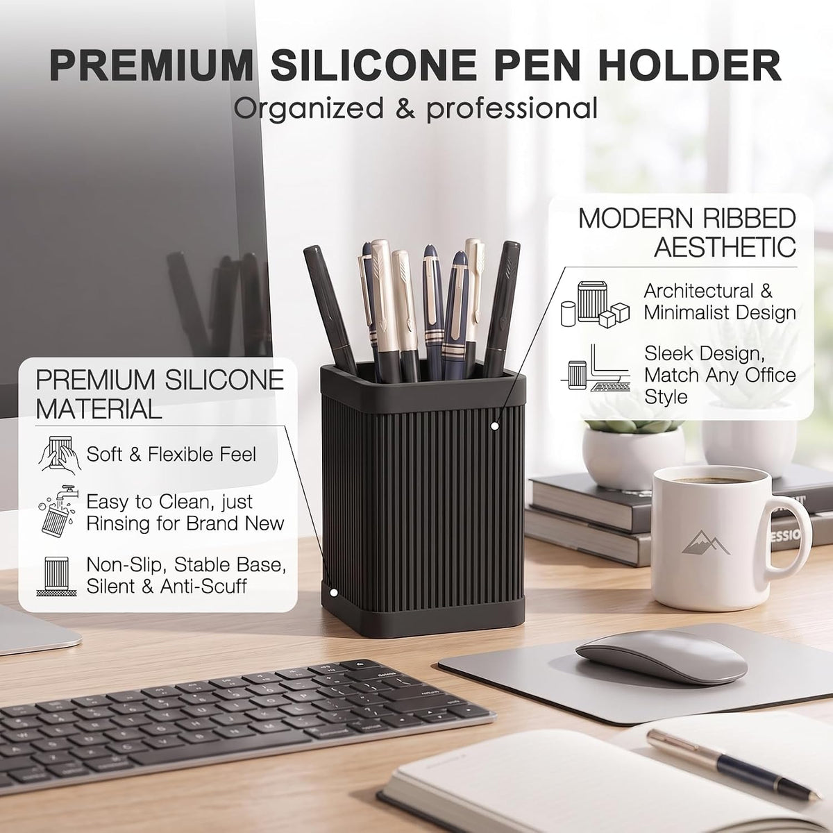 Aesthetic Pen Holder For Desk, Modern Silicone Pencil Holder, Stylish Office Desk Decor, Made of 5 mm Thickened Premium Silicone, Office Desk Organizer And Accessories (Black)