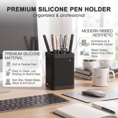Aesthetic Pen Holder For Desk, Modern Silicone Pencil Holder, Stylish Office Desk Decor, Made of 5 mm Thickened Premium Silicone, Office Desk Organizer And Accessories (Black)