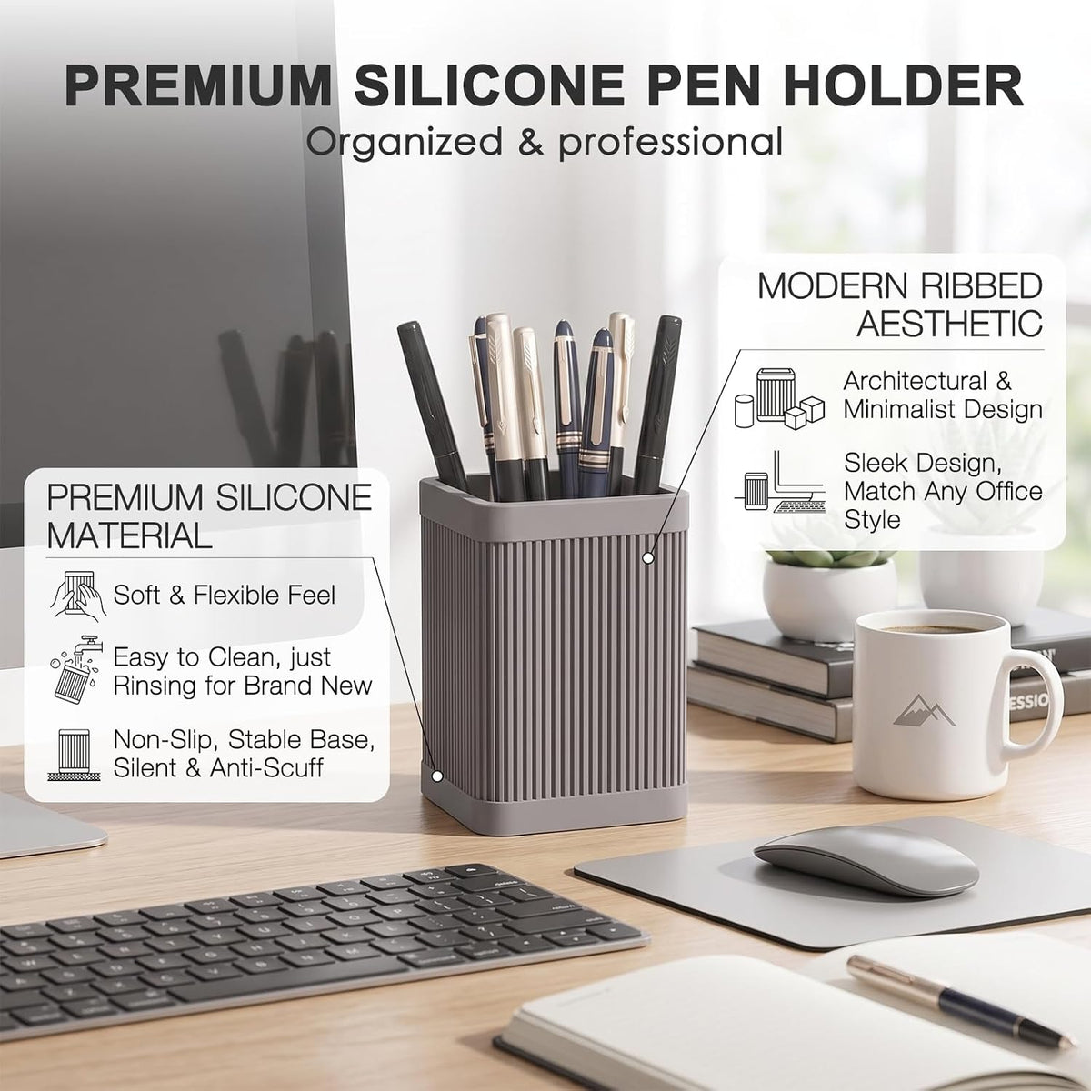 Aesthetic Pen Holder For Desk, Modern Silicone Pencil Holder, Stylish Office Desk Decor, Made of 5 mm Thickened Premium Silicone, Office Desk Organizer And Accessories (Black)