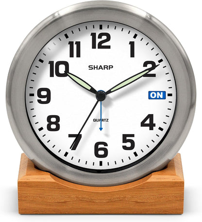 Silent Sweep Non-Ticking Analog Alarm Desk Metal Clock, Wood Stand