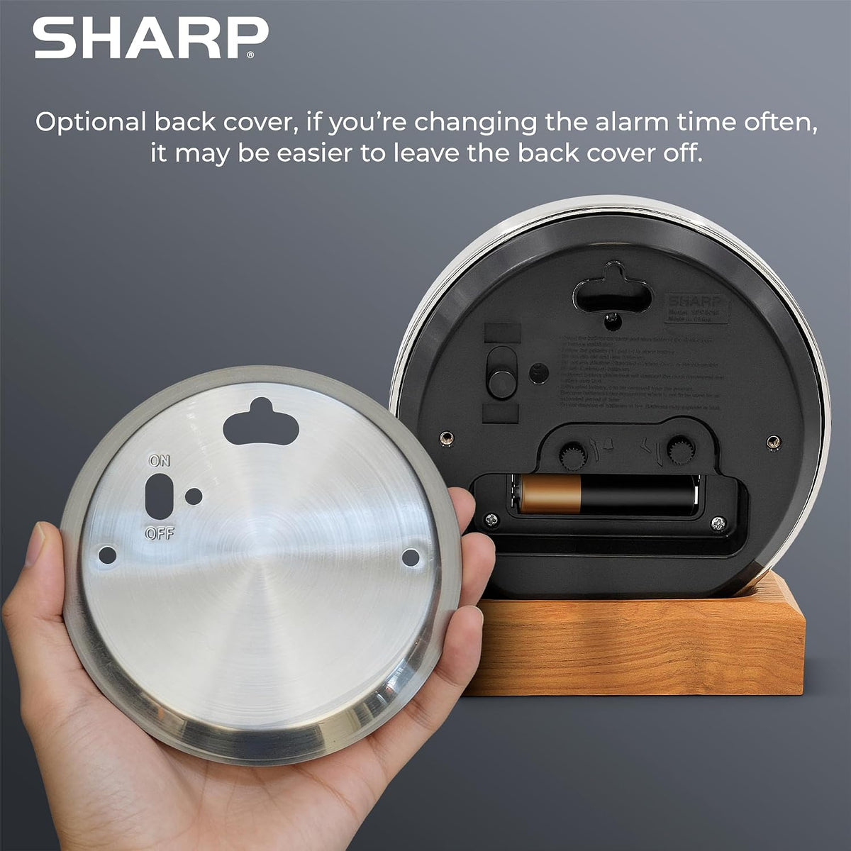 Silent Sweep Non-Ticking Analog Alarm Desk Metal Clock, Wood Stand
