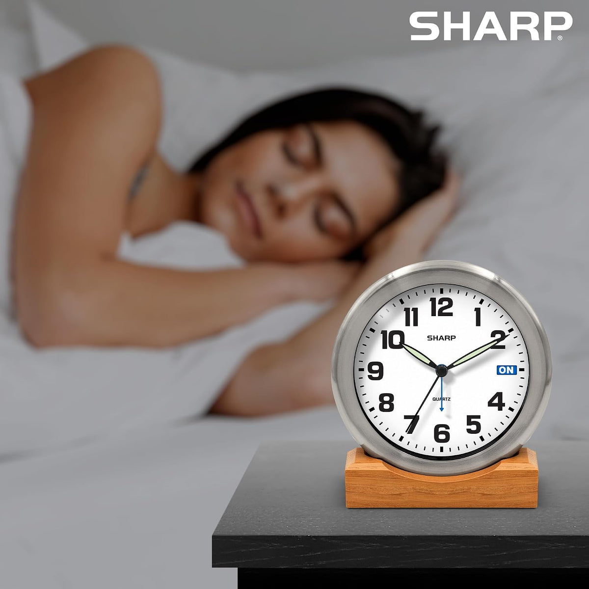 Silent Sweep Non-Ticking Analog Alarm Desk Metal Clock, Wood Stand
