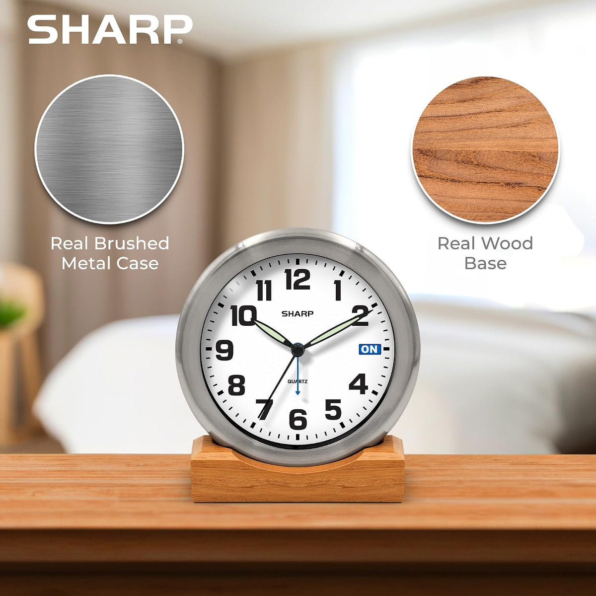 Silent Sweep Non-Ticking Analog Alarm Desk Metal Clock, Wood Stand