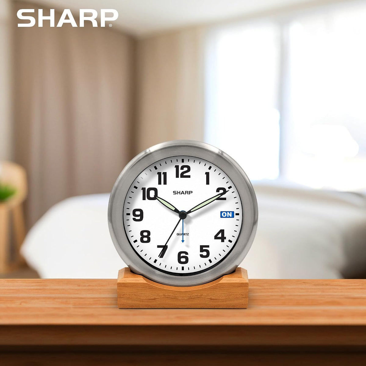 Silent Sweep Non-Ticking Analog Alarm Desk Metal Clock, Wood Stand