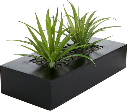 MyGift Fake Grass Plant in Rectangular Black Wood Planter (Black, 9.3 Inch)