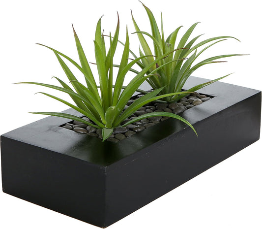 MyGift Fake Grass Plant in Rectangular Black Wood Planter (Black, 9.3 Inch)