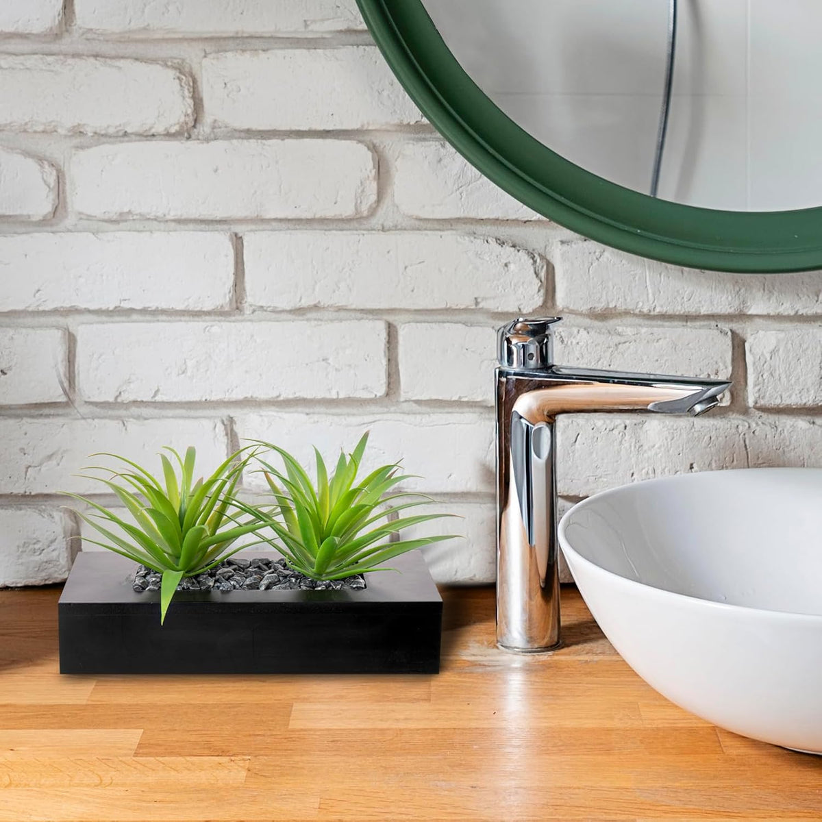 MyGift Fake Grass Plant in Rectangular Black Wood Planter (Black, 9.3 Inch)