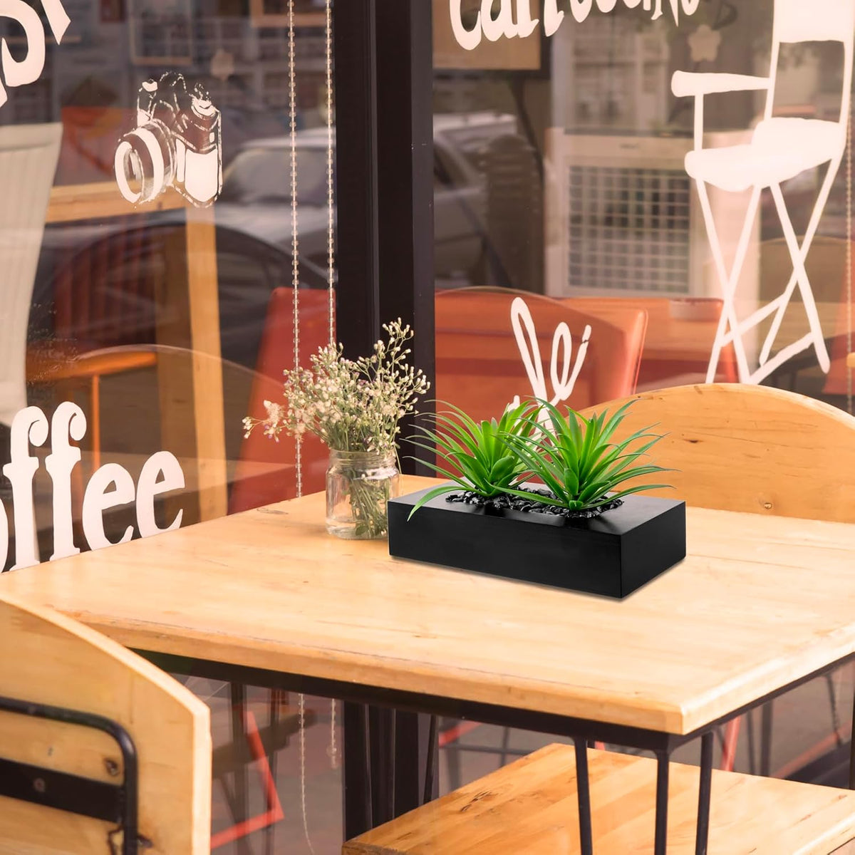 MyGift Fake Grass Plant in Rectangular Black Wood Planter (Black, 9.3 Inch)