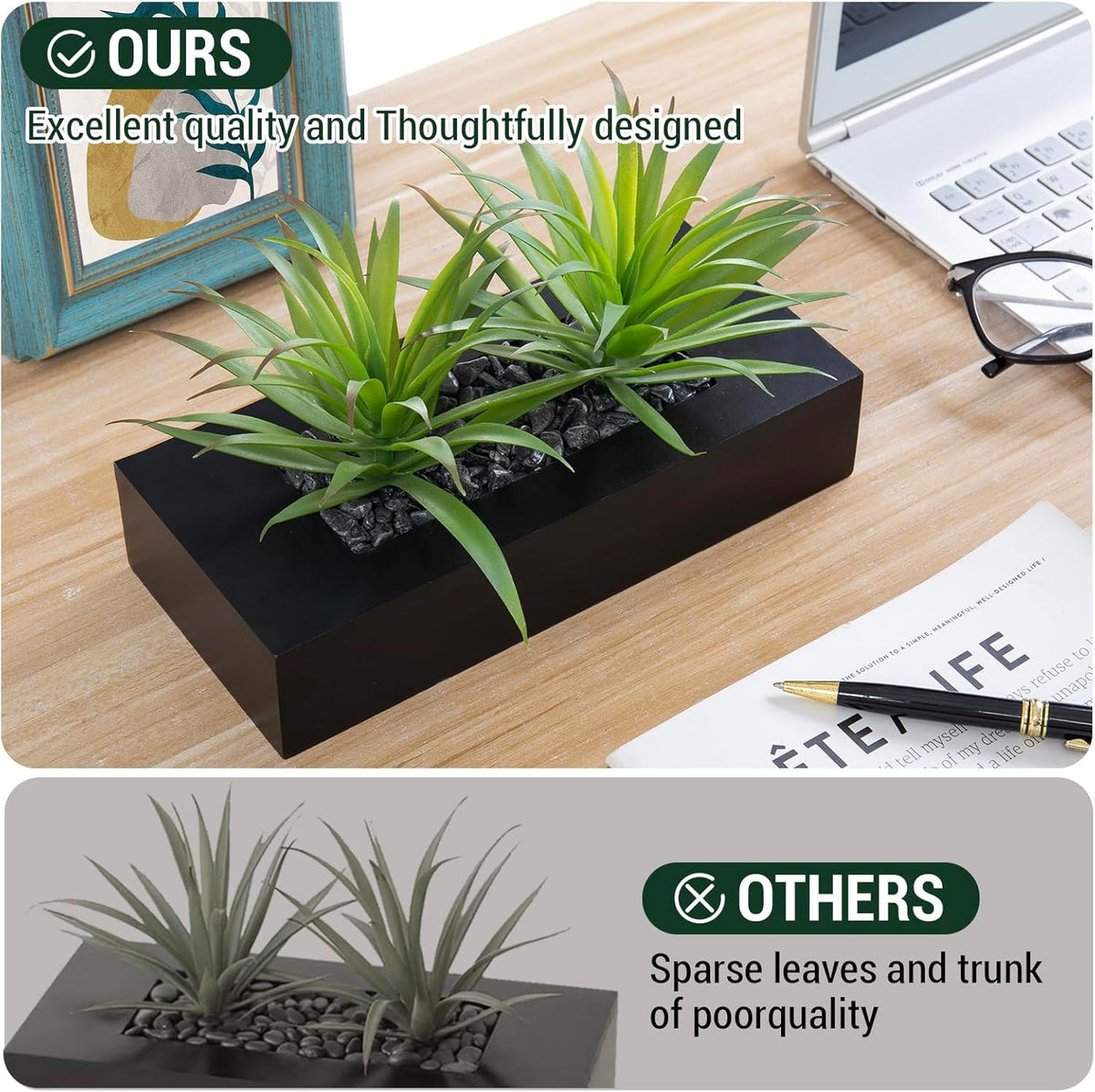 MyGift Fake Grass Plant in Rectangular Black Wood Planter (Black, 9.3 Inch)