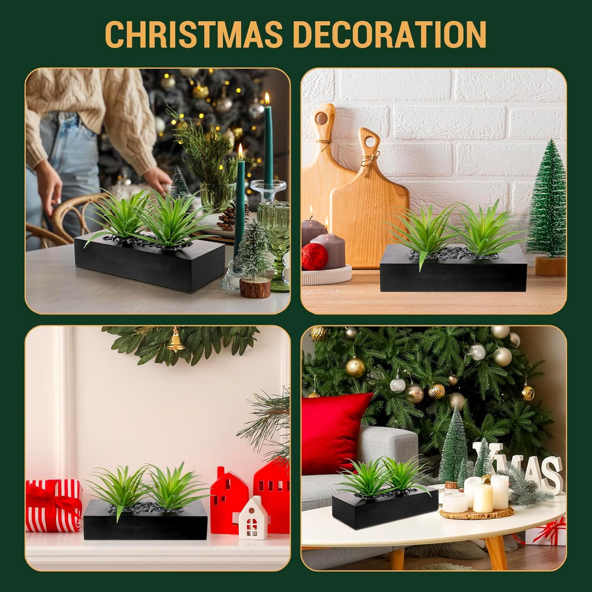 MyGift Fake Grass Plant in Rectangular Black Wood Planter (Black, 9.3 Inch)