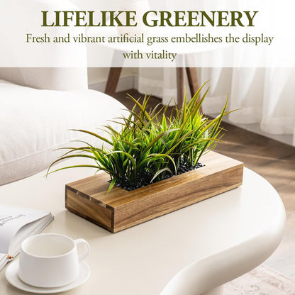 MyGift Fake Grass Plant in Rectangular Black Wood Planter (Black, 9.3 Inch)