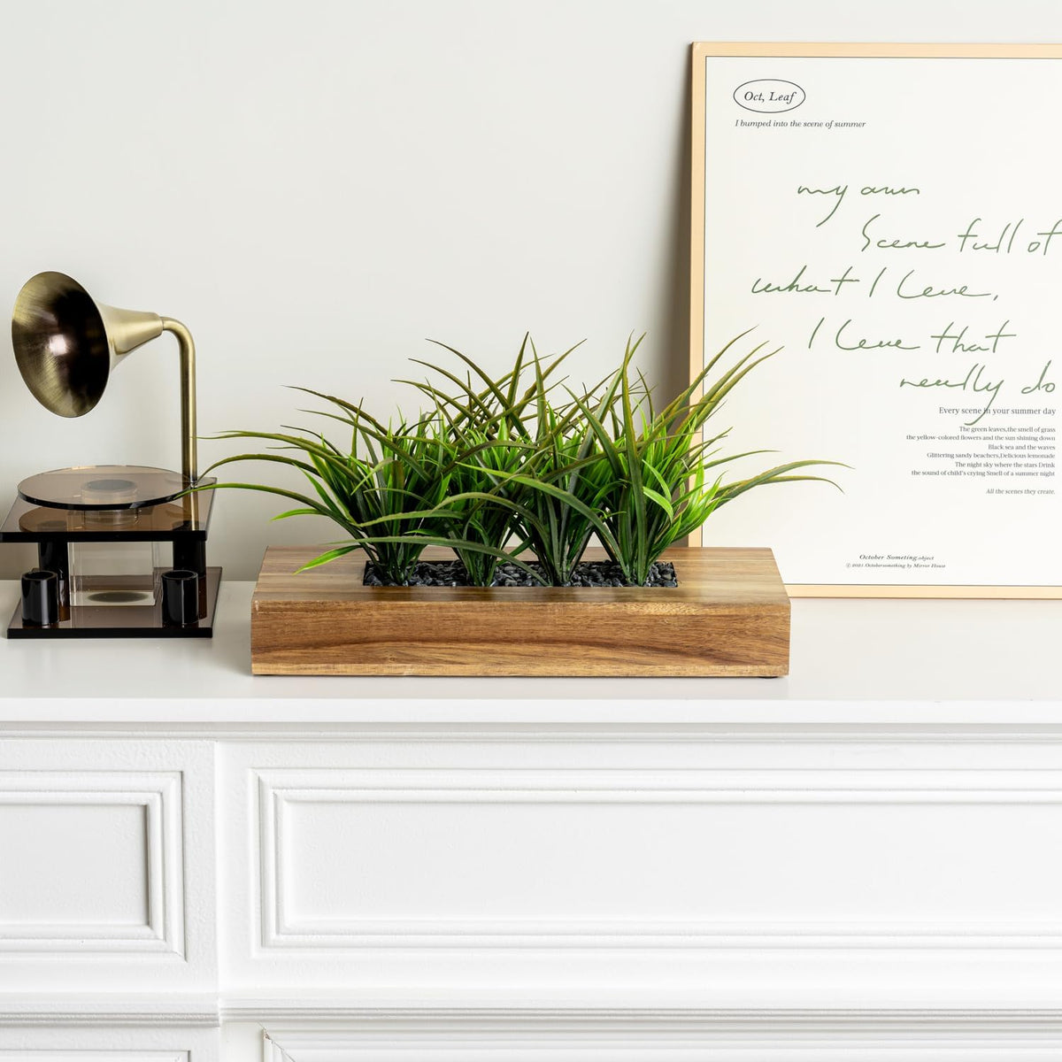 MyGift Fake Grass Plant in Rectangular Black Wood Planter (Black, 9.3 Inch)