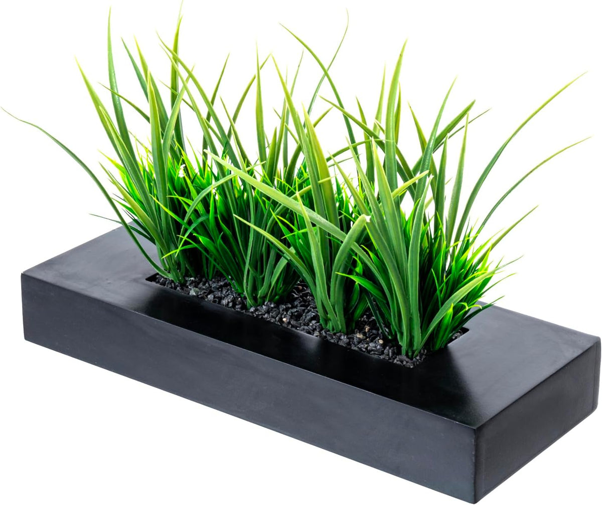 MyGift Fake Grass Plant in Rectangular Black Wood Planter (Black, 9.3 Inch)